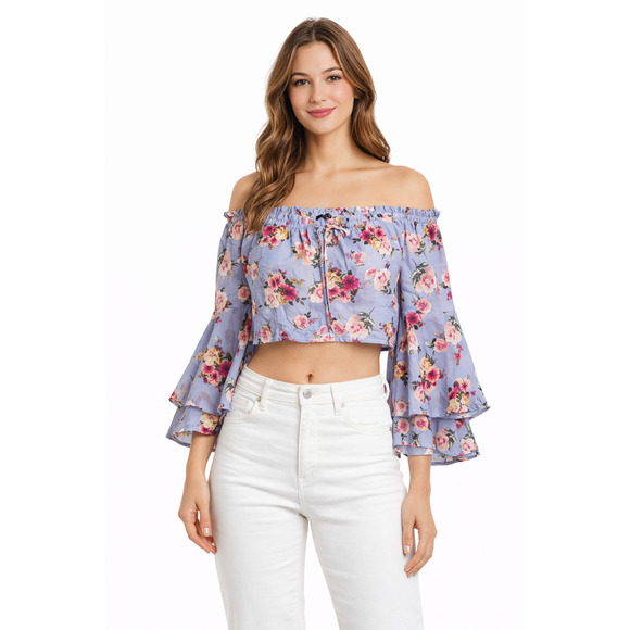 Blashe Tops - Blashe Floral Bell Sleeve Off Shoulder Fairy Crop Top Womens M Purple Chiffon